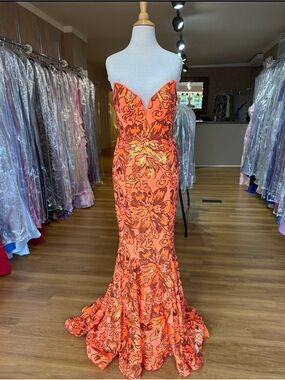 Jovani Orange Strapless Sequin Floral Mermaid Dress